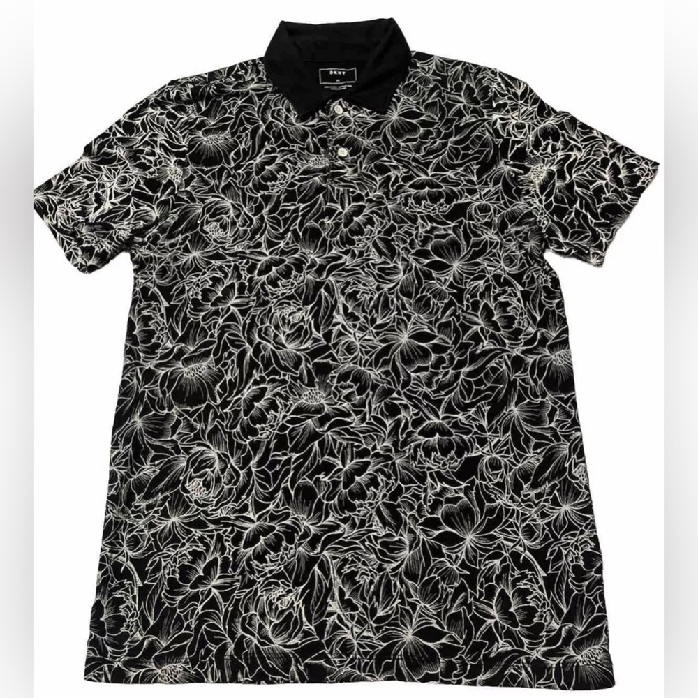 DKNY Floral Dark Blue White Short Sleeve Collared Polo Shirt Mens Extra Small
